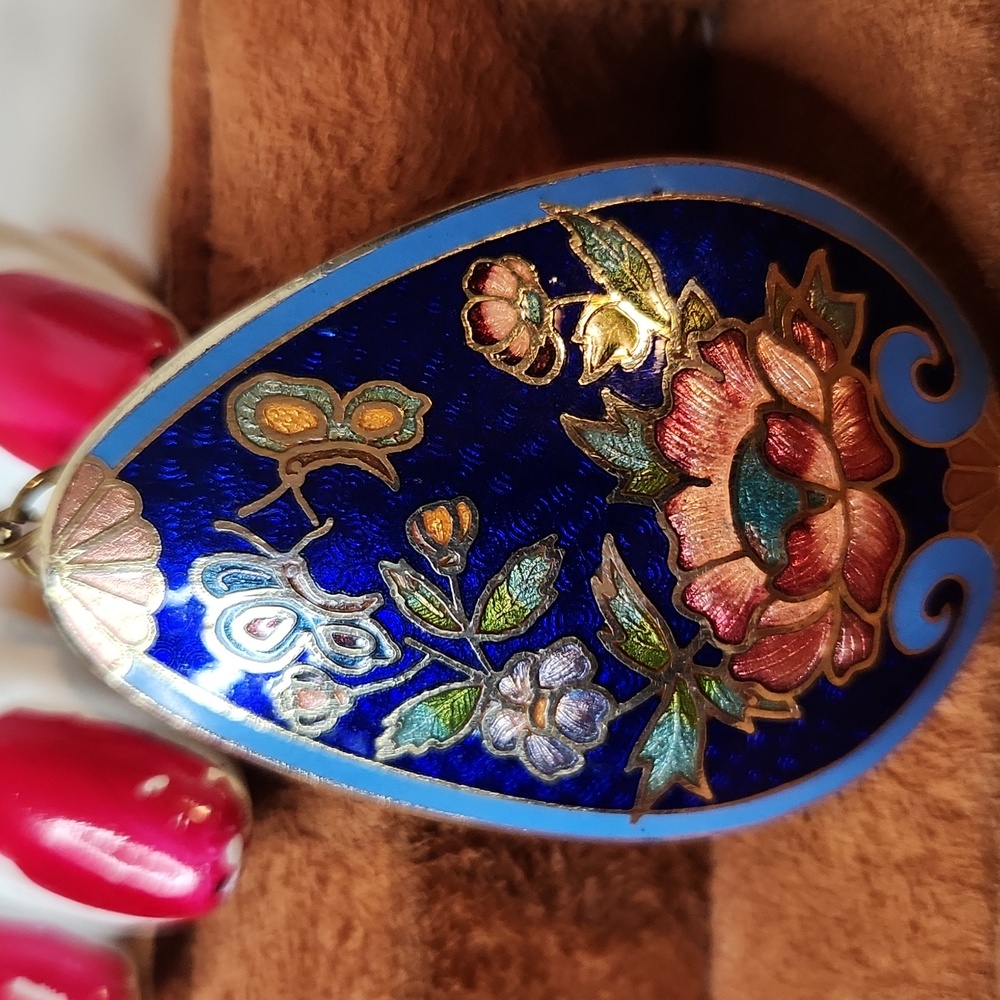 Vintage | Large Cloisonné Lily & Butterfly Teardrop Pendant
